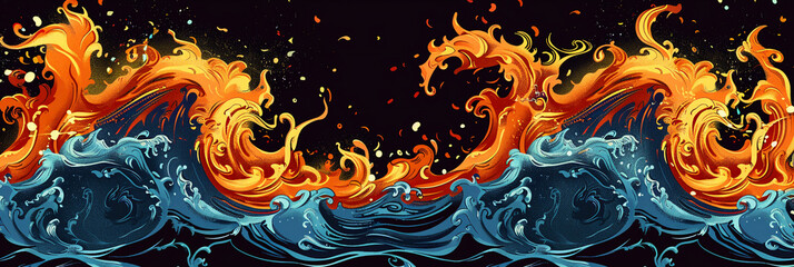 A cartoon vector illustration of flames on top of an ocean wave, in the style of a Japanese woodblock print with bold outlines and flat colors