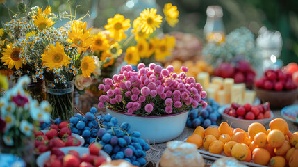 A colorful springtime picnic with flowers, fresh fruits, and a cheerful atmosphere