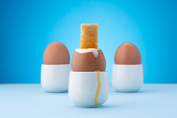 Boiled Eggs and Toast Soldier dipped into one egg with yolk running down the shell