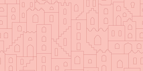 Line moroccan city scape seamless pattern. Simple arabic outline town for background