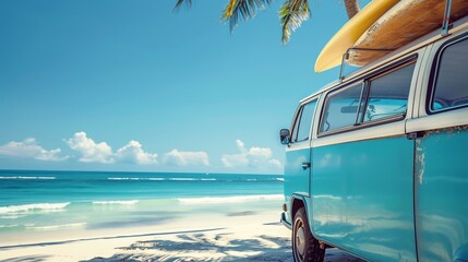 Vintage camper van with surfing board at sea beach in summer vacation