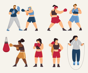 Vector set illustrations of male and female boxers, punching equipment, jump rope, punching bag
