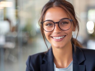business, people and teamwork concept - smiling businesswoman with eyeglasses talking in office