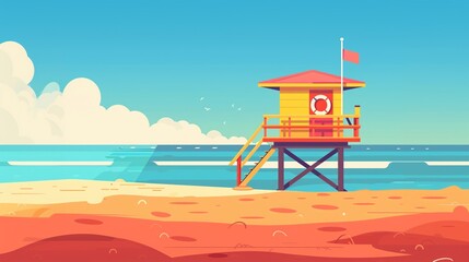Beautiful vector illustration of tropical beach with safeguard watchtower for poster greeting card design
