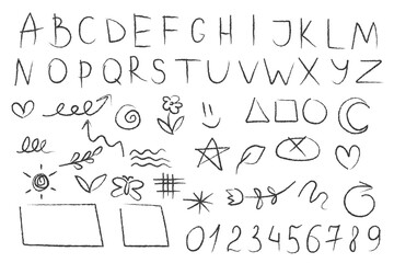 Obraz premium big set charcoal, chalk or wax pencil on paper. Letter, number, drawing cute.