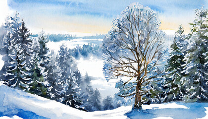 Watercolour illustration winter forest landscape, wild nature trees and snow. Beautiful blue hues