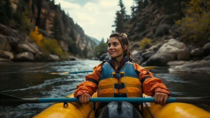 Female river rafting guide in the grand canyon wearing a helmet and smiling.