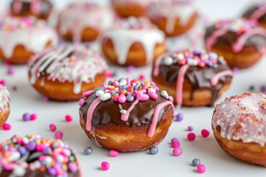 Array of Mini Donuts Decorated with Chocolate, Colorful Glazes, and Sprinkles, Neatly Arranged on a White Table.