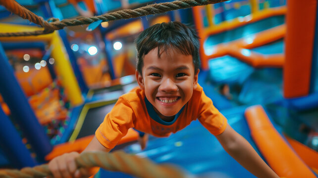Young Asian-American boy taking a selfie in midair while jumping on a trampoline in an indoor bounce park.