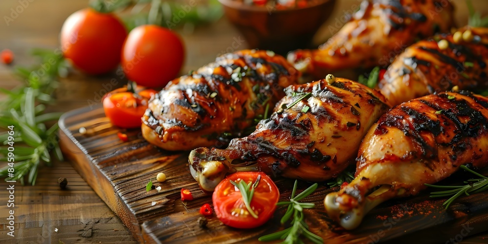 Wall mural grilled chicken legs and vegetables close-up on a wooden table. concept food photography, grilled ch