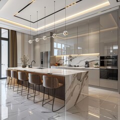 Luxury kitchen interior with new stylish furniture, white marble countertops, modern, AI assisted finalized in Photoshop by me Job ID: e159207d-67e2-49b6-82d3-288685f6bf27
