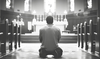Grayscale Image of a Man Praying on Knees in Church, Reflective Spiritual Worship Setting with Blurred Background and Altar, Capturing Quiet Devotion and Faith in Religious Sanctuary