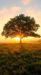 Solitary Tree Silhouetted Against a Beautiful Sunset in a Serene Field with Warm Glow and Lush Grass, Capturing the Essence of Tranquility and Nature’s Beauty in the Evening