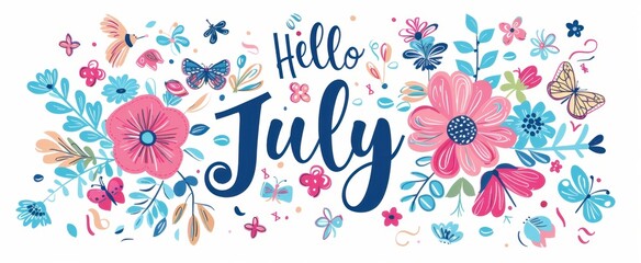 A cute and colorful illustration of the text "Hello July" with flowers, butterflies, leaves and swirls in pastel colors Generative AI