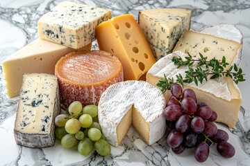 Assorted Cheese Varieties Displayed on Marble Counter with Grapes
