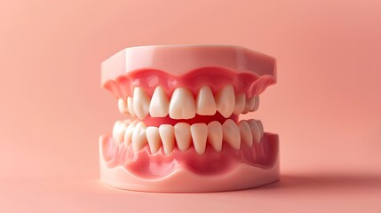 Obraz premium Chattering teeth toy or joke teeth wind up moving on pink background funny comedy relax time concept