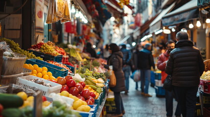 busy street market filled with colorful stalls, fresh produce, and a lively atmosphere