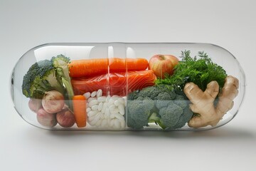 Large Pill Capsule Filled with Fresh Vegetables and Fruits Symbolizing Healthy Nutrition
