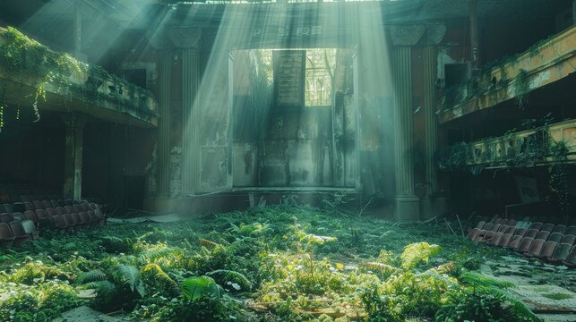 Abandoned city art theatre debris with green plants growing. Post apocalypse scene.