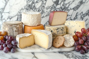 Assorted Cheese Varieties Displayed on Marble Counter with Grapes
