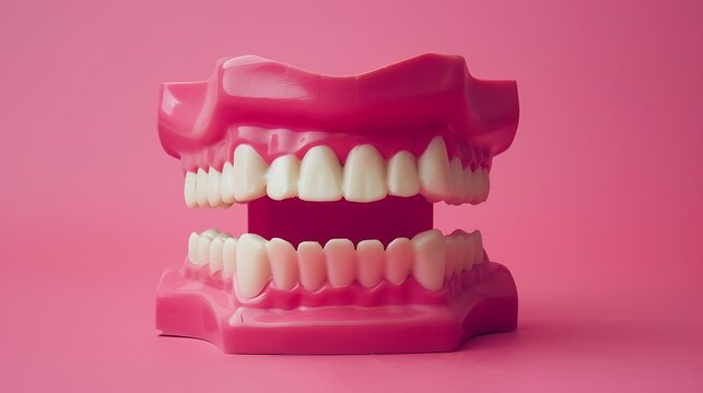 Chattering teeth toy or joke teeth wind up moving on pink background funny comedy relax time concept
