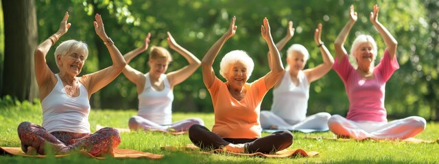 Outdoor fitness training, a group of elderly grandmothers doing yoga in the park