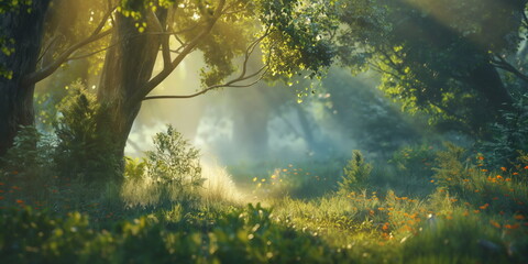 Fantasy fairy-tale magical forest, sunny evening light through the branches of trees. Magical trees in a wooded area. Haze at sunset, plants, moss and grass in the forest