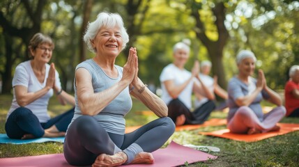 Outdoor fitness training, a group of elderly grandmothers doing yoga in the park