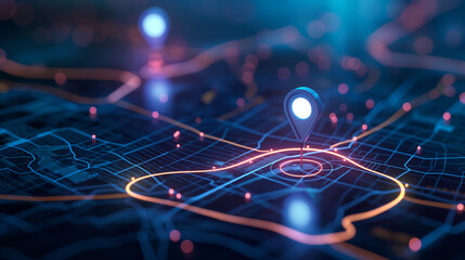 A digital map displaying a location with two pins set, representing AI technology in GPS, innovation in delivery services, and map location for future transport logistics