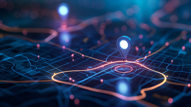 A digital map displaying a location with two pins set, representing AI technology in GPS, innovation in delivery services, and map location for future transport logistics