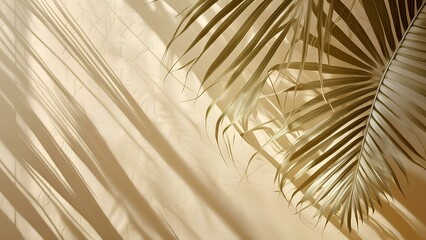 Obraz premium Background texture: Reflection of palm tree branches. Shadows of palm leaves on a beige wall.