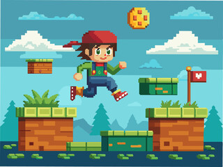 A pixel art character jumping over obstacles in a platformer game