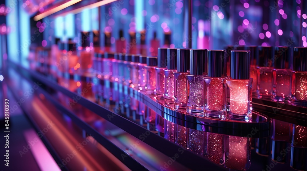 Poster a row of holographic bottles filled with sparkling glitter-infused liquid sits on a mirrored display