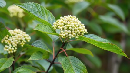 Fototapeta premium Close up view of viburnum pragense with foliage