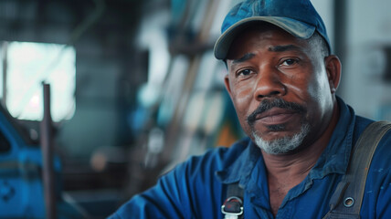 Close up of a black middle aged American factory worker with a beard and a baseball cap after a long day of work.