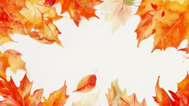 Colorful autumn leaves frame a white background, creating a vibrant fall scene. The leaves showcase shades of orange, yellow, and red, depicting the beauty of the season.