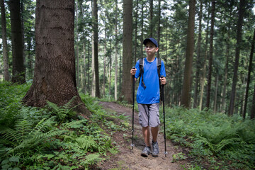 A guy walks along a path in the forest.
