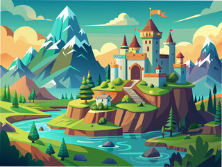 A fantasy landscape with castles and mountains in a game