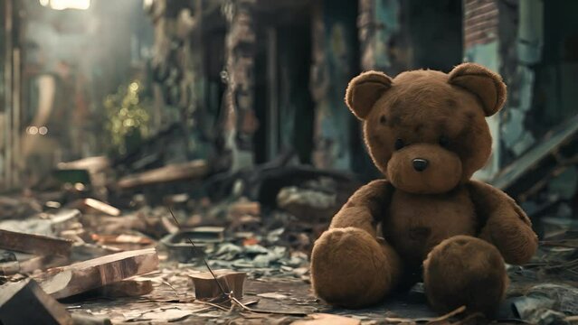 An abandoned and lost teddy bear in a war ruins, Post apocalyptic urban landscape, aftermath of war, the destruction after the war	