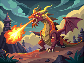 Obraz premium A dragon breathing fire in a fantasy game environment
