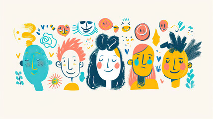 Cute Doodle-Style Faces with Bright Holiday Colors
