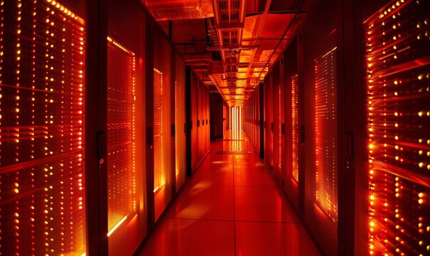 image of interior of data center server room at night illuminated by orange lights with rows of black cabinets protecting servers with display of data numbers