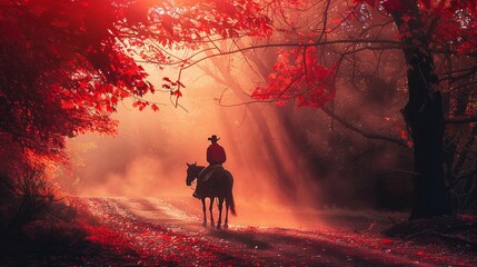 Man riding a horse walking in Autumn woods