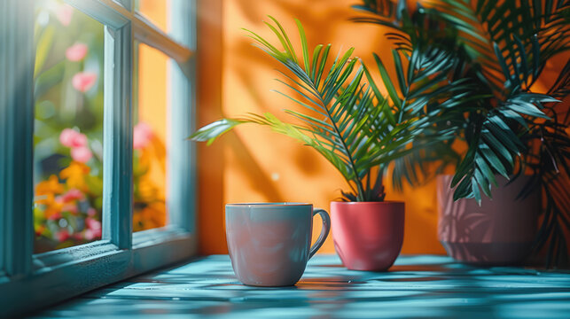 A creative workspace with colorful stationery, plants, and a coffee cup, showcasing a vibrant and inspiring remote work environment