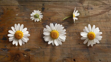 Obraz premium Three chamomile blossoms on a wood surface