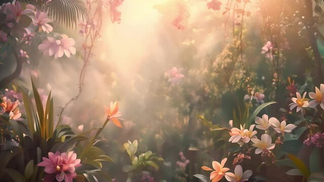 Dreamy surreal fantasy landscape, Lush vegetation and flowers, Mystical forest landscape with dreamy atmosphere	