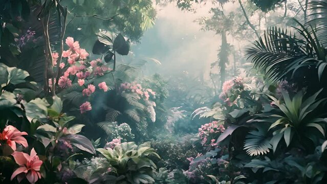 Dreamy surreal fantasy landscape, Lush vegetation and flowers, Mystical forest landscape with dreamy atmosphere	
