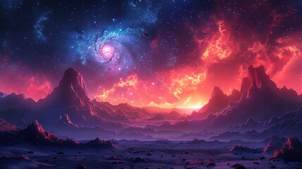 Alien planet fantasy landscape space background. Sci-fi horizontal poster. Science fiction digital raster bitmap illustration. Horizontal format wallpaper.
