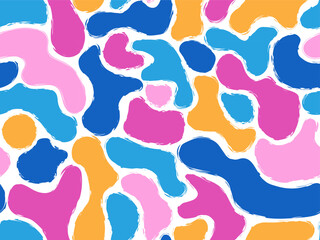 Uneven blob stain liquid seamless pattern. Vibrant colors organic abstract geometric shapes. Modern doodle bright background. Funny spots pattern for wallpaper design, packaging, cover, scrapbooking