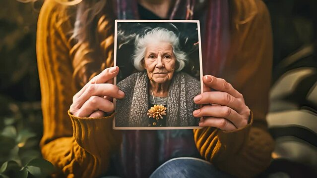 A woman holding a framed picture of mother or grandmother on hands, Showing picture of her mother or grandmother, Nostalgia, memories concept	